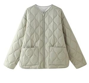 Detail of sage green quilted jacket with wave patterns, round neck and front zipper