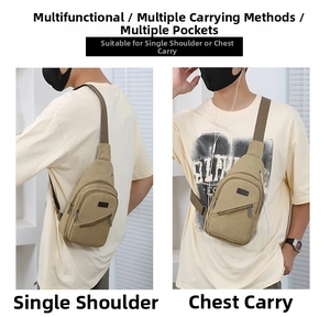 Detailed view of khaki canvas crossbody bag showing versatile front and back wearing styles