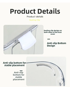 Detail of side sealing buckles and anti-slip bottom design on transparent food storage jar