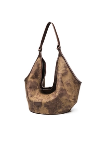 Detail of large leopard print tote bag with brown tie-dye canvas and PU leather trim