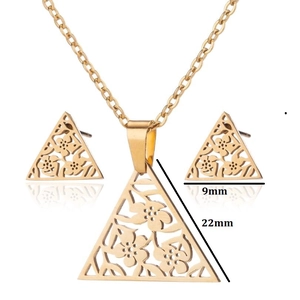Polished gold triangle floral necklace and stud set with 9mm and 22mm measurements