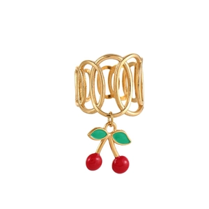 Minimalist gold stainless steel open ring featuring a 3D red cherry pendant charm