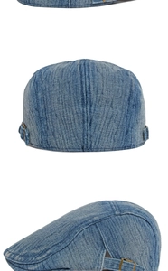 Dettaglio della coppola in denim con fibbie in bronzo regolabili e cuciture accurate