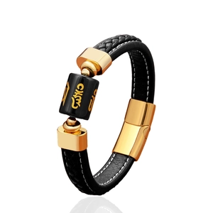 Men's retro braided leather bracelet with gold six-word mantra bead and magnetic clasp