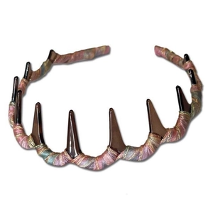Pink and purple woven fabric headband with non-slip teeth for volume and hair styling