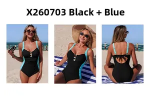 Vues détaillées d'un maillot de bain noir et bleu avec découpe et nœud au dos