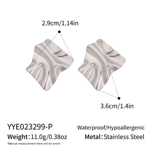 Detail view of silver stainless steel earrings with dimensions and product specifications