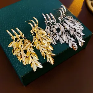 Leaf Tassel Dangle Earrings Brass Jewelry With Silver Earring Post Elegant Geometric Metal Fringe For Women