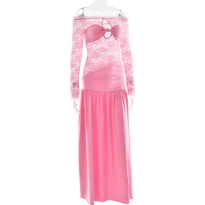 Detailed view of pink off-shoulder lace maxi dress with cut-out bow and pleated skirt