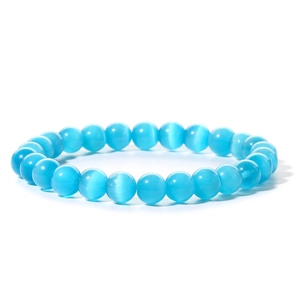 Elegant 8mm blue cat eye stone beaded bracelet featuring a shimmering feline effect