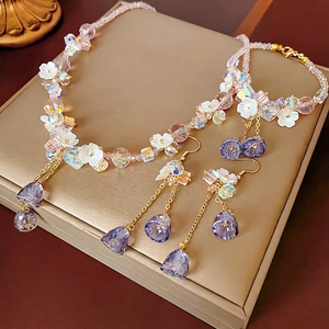 Floral Beaded Necklace Bracelet And Earrings Alloy Crystal Resin Flower Sweet Elegant Fashion Jewelry For Women