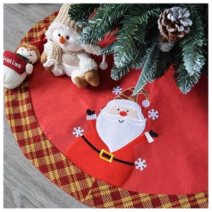 Red Christmas tree skirt with Santa Claus embroidery and gold-red plaid borders