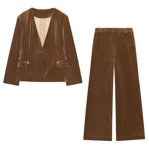 Blazer À Manches Longues En Velours Et Pantalon Évasé Couleur Unie Taille Haute Col En V Vintage Rétro Streetwear