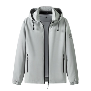 Light gray hooded jacket for men with contrast black zipper and windproof fabric
