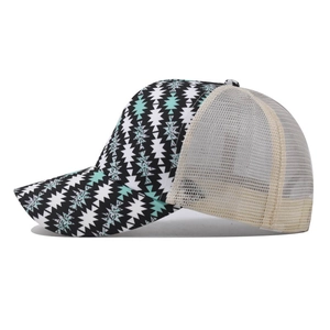 Women's ponytail baseball cap with geometric mint and black print and mesh back