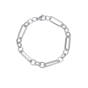 Close-up of silver stainless steel Figaro chain bracelet with lobster clasp detail