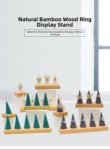 Detail view of cone-shaped bamboo ring display stands with microfiber velvet textures