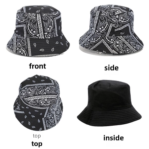 Detailed four-way view of a black paisley bucket hat showing front, side, top, and lining