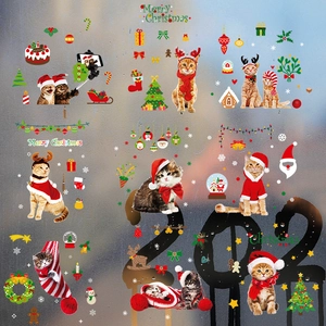Christmas cat window static stickers with festive snowflakes and trees for glass decor