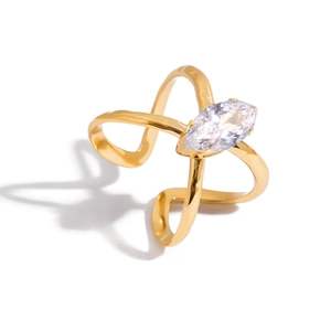 Polished gold double-band ring with marquise-cut zircon in a modern geometric style