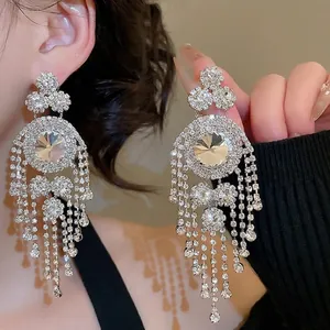 Elegant geometric silver tassel earrings featuring sparkling crystal rhinestones for women