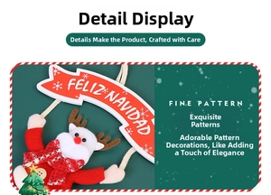 Detail of red plush Christmas ornament featuring a reindeer with Feliz Navidad sign