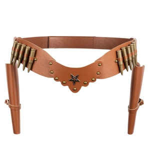 Detail of brown leather cowboy belt with dual holsters, bullets and star buckle