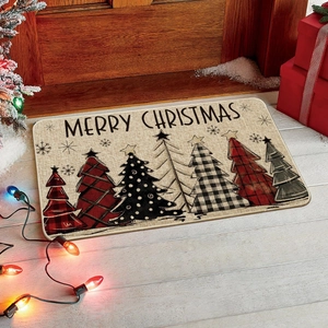 Texture détaillée du paillasson de Noël avec silhouette d'arbre à carreaux et message festif