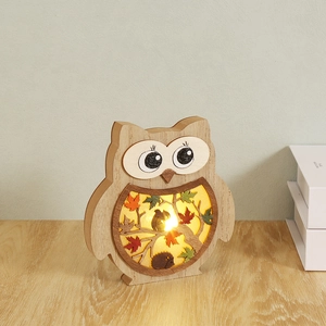 Luminous owl wood carving lamp with LED forest squirrel scene for home decor