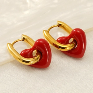 Minimalist red heart gold U-shaped earrings in polished stainless steel for women