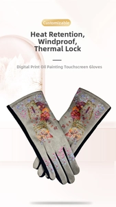 Detail of gray winter touchscreen gloves featuring artistic 3D oil painting cat patterns