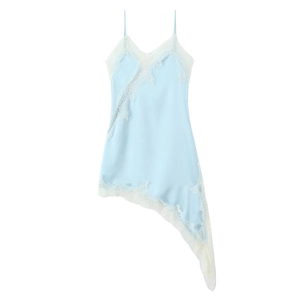Light blue sexy V-neck slip dress with white lace trim and asymmetric hemline