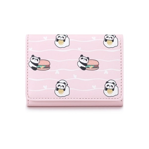 Cute pink panda cartoon wallet for girls, compact card holder with burger and egg patterns