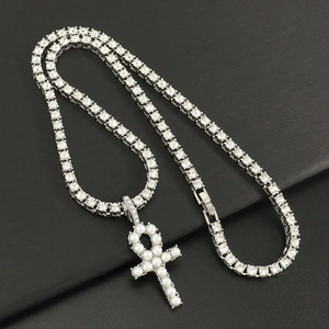 Luxurious silver tennis chain necklace with pearl and diamond studded Ankh cross pendant