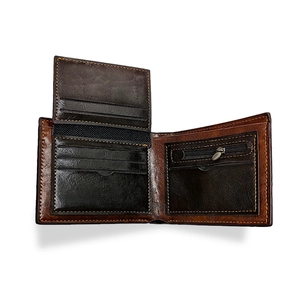 Men's bifold crocodile pattern leather wallet in black and brown with orange stitching