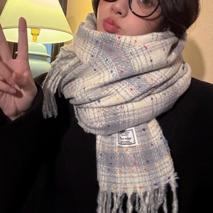 Korean style soft warm scarf with gray plaid pattern and colorful polka dots with tassels