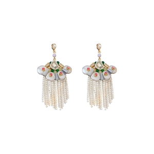 Vintage fan-shaped earrings with rhinestones, pearls, and long golden tassel chains