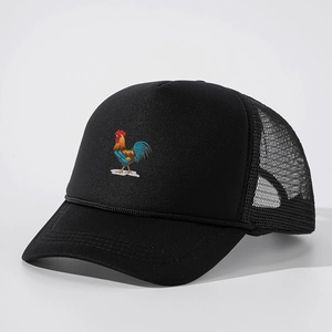 Detail of colorful rooster embroidery on a black mesh trucker hat with decorative rope