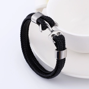 Men's multi-layer black braided leather anchor bracelet with polished steel clasp