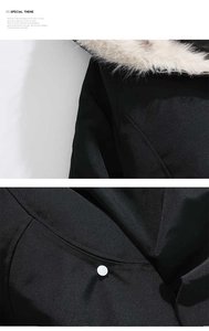 Details van de zwarte parka met zachte imitatiebontkraag en witte metalen drukknopzakken