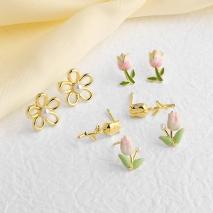 18k gold plated copper tulip earrings set with pearls and pink enamel floral designs