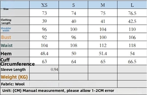 Detailed size guide table for women's wool blend herringbone blazer in centimeters