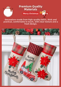 Three rustic Christmas stockings with plaid, red truck, and flower patterns on a fireplace