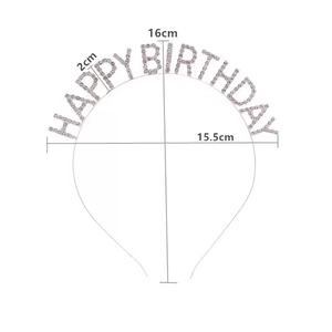 Silver rhinestone Happy Birthday headband with metal frame and precise dimensions shown