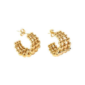 Three-row gold beaded C-shape hoop earrings made of polished stainless steel