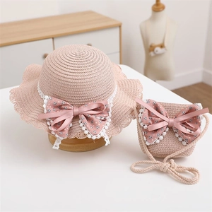 Pink straw sun hat and matching floral bow bag set for girls outdoor sun protection