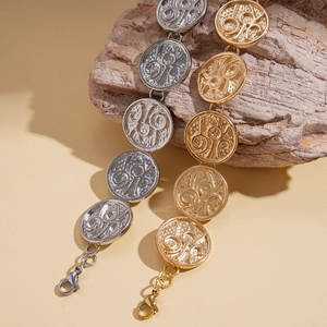 Minimalist round textured coin chain bracelets in gold and silver metal finishes