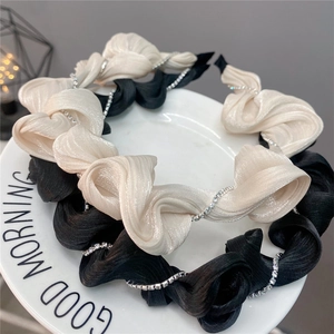 Sweet pleated ruffled headband with rhinestone chain in black and champagne colors