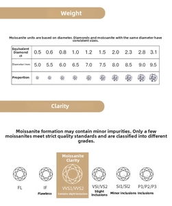 Moissanite size chart showing weight and diameter comparisons for 925 silver necklaces