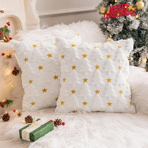 Set of two cream plush Christmas pillow covers with tree texture and gold star embroidery